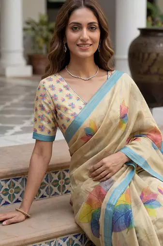 yellow virana silk blend elegant printed saree with dori work