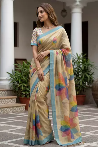  yellow virana silk blend elegant printed saree with dori work