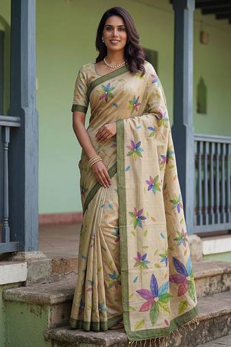 Beautiful beige virana silk fabric elegant printed saree with dori work