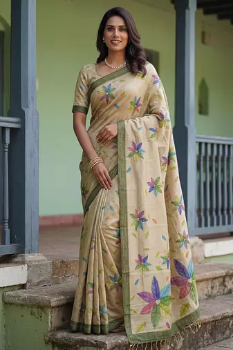 Beautiful beige color virana silk fabric elegant printed saree with dori work