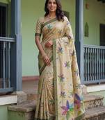 Beautiful beige virana silk fabric elegant printed saree with dori work