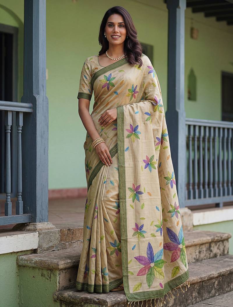 Beautiful beige color virana silk fabric elegant printed saree with dori work