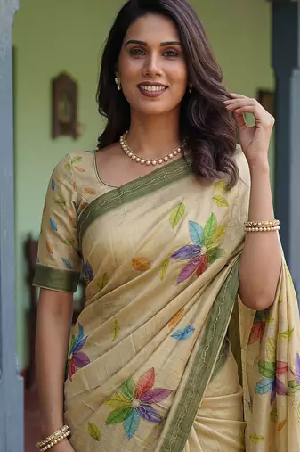  beige virana silk blend elegant printed saree with dori work