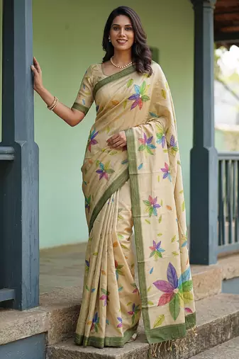  beige virana silk blend elegant printed saree with dori work