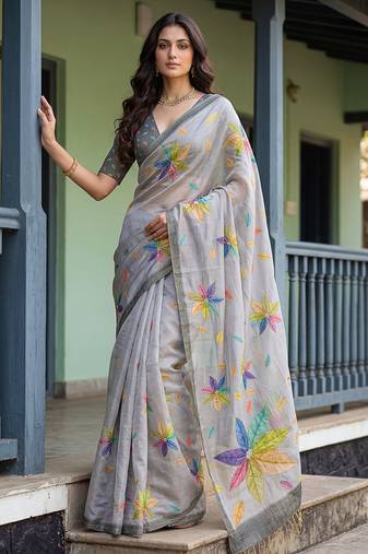 Beautiful grey virana silk fabric elegant printed saree with dori work