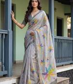 Beautiful grey virana silk fabric elegant printed saree with dori work