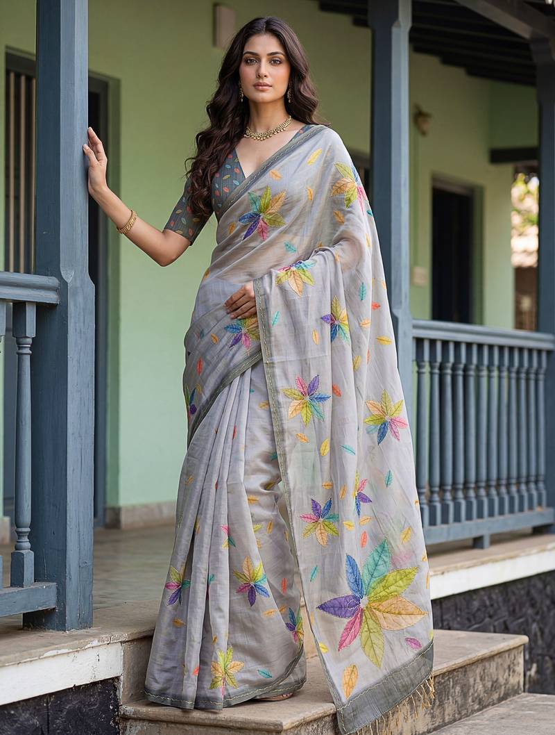 Beautiful grey color virana silk fabric elegant printed saree with dori work