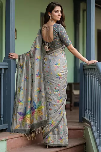  grey virana silk blend elegant printed saree with dori work