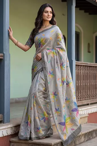  grey virana silk blend elegant printed saree with dori work