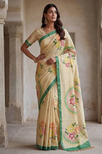 Beautiful beige virana silk fabric elegant printed saree with dori work