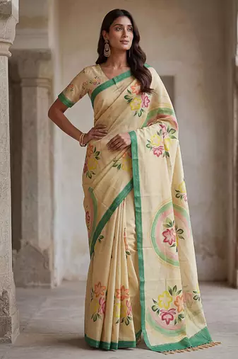 Beautiful beige color virana silk fabric elegant printed saree with dori work
