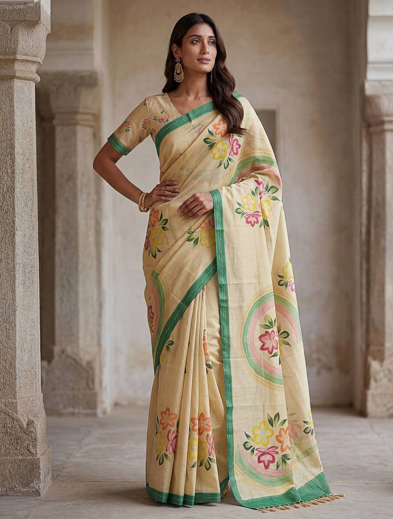 Beautiful beige color virana silk fabric elegant printed saree with dori work