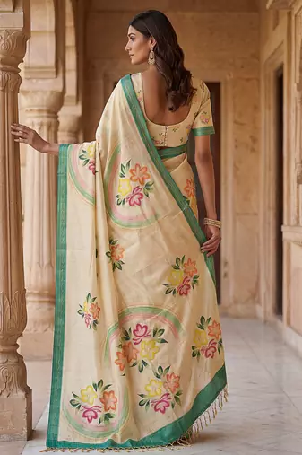  beige virana silk blend elegant printed saree with dori work