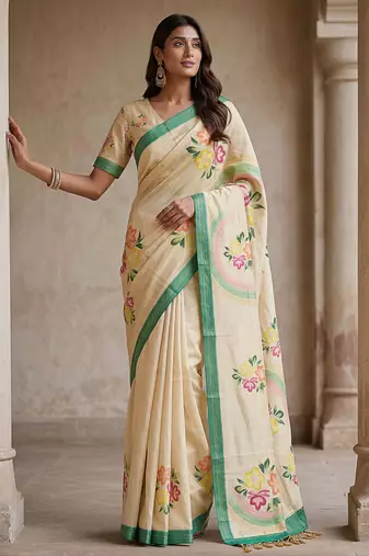  beige virana silk blend elegant printed saree with dori work