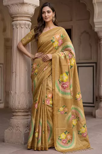 Beautiful gold color virana silk fabric elegant printed saree with dori work