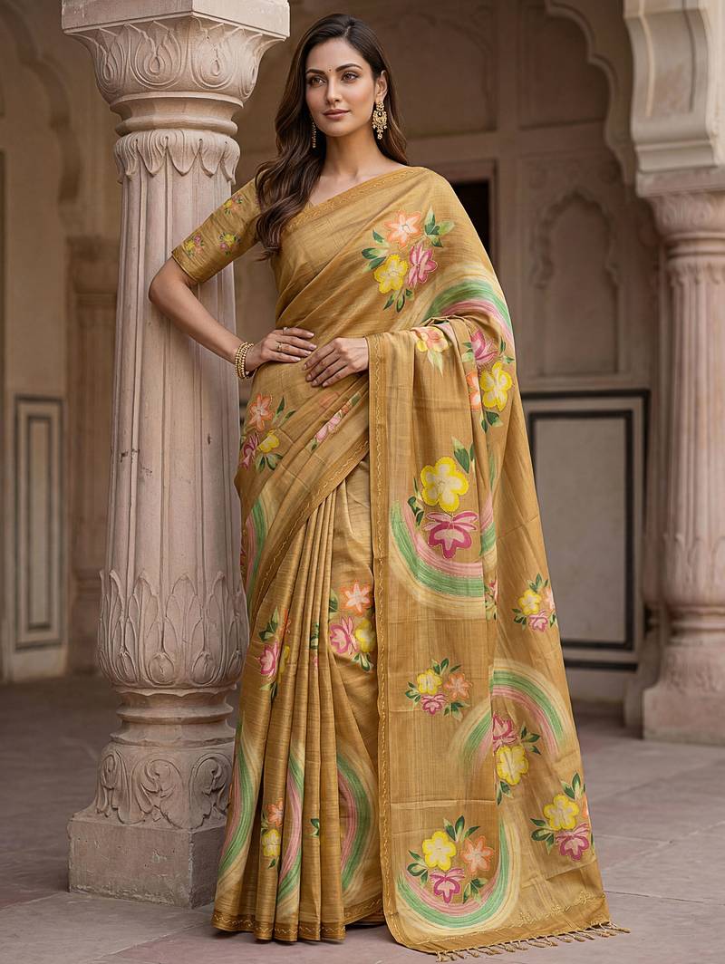 Beautiful gold color virana silk fabric elegant printed saree with dori work