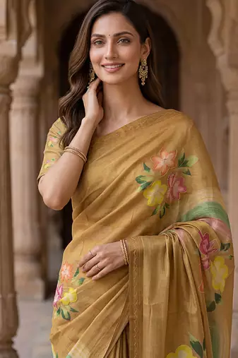  gold virana silk blend elegant printed saree with dori work