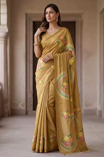  gold virana silk blend elegant printed saree with dori work