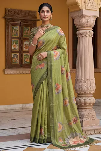 Beautiful mahendi color virana silk fabric elegant printed saree with dori work