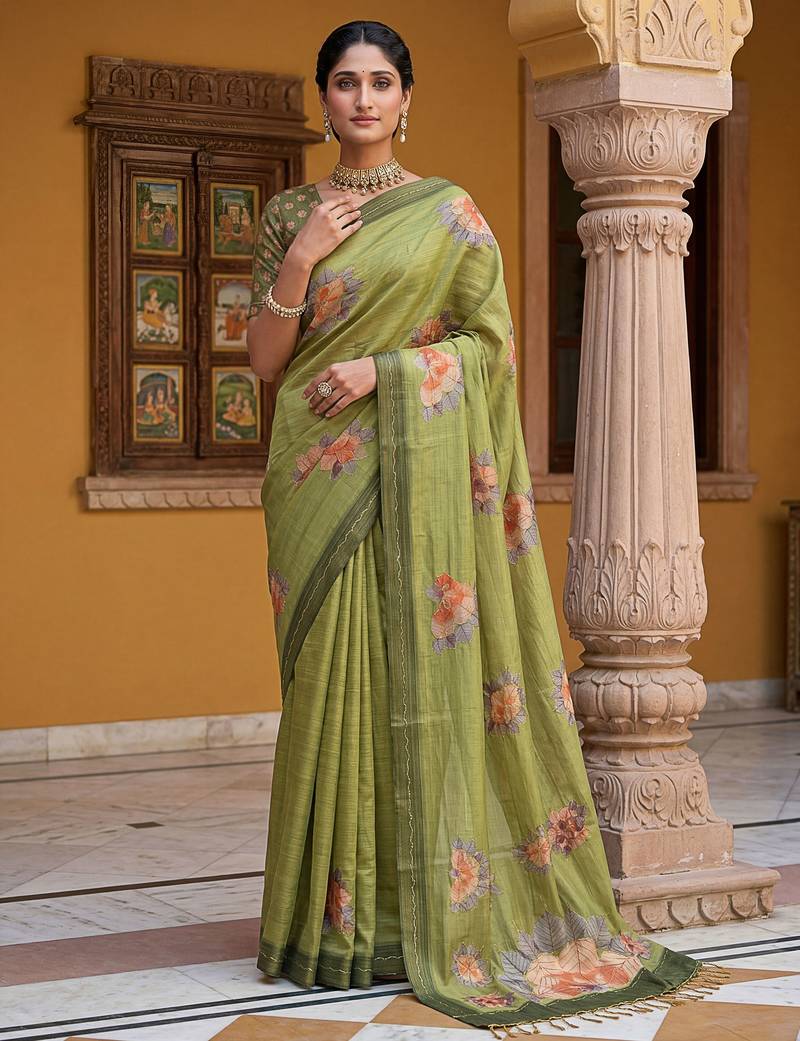 Beautiful mahendi color virana silk fabric elegant printed saree with dori work