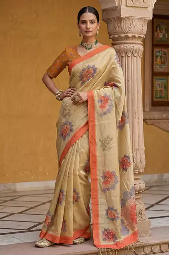 Beautiful peach color virana silk fabric elegant printed saree with dori work