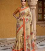Beautiful peach virana silk fabric elegant printed saree with dori work