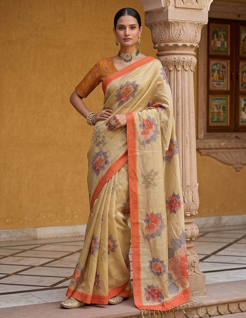 Beautiful peach color virana silk fabric elegant printed saree with dori work