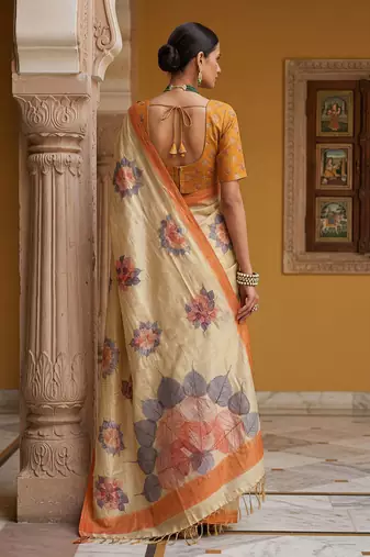  peach virana silk blend elegant printed saree with dori work