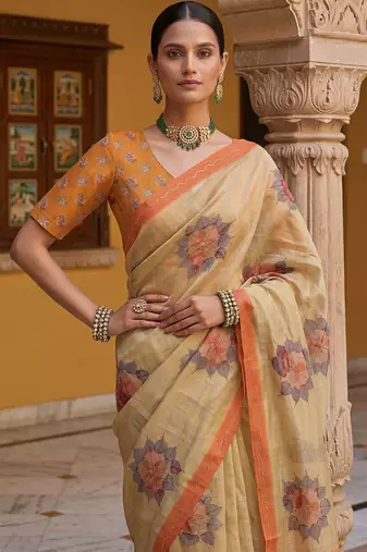  peach virana silk blend elegant printed saree with dori work