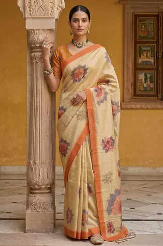  peach virana silk blend elegant printed saree with dori work