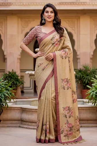 Beautiful beige color virana silk fabric elegant printed saree with dori work