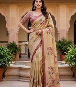 Beautiful beige virana silk fabric elegant printed saree with dori work