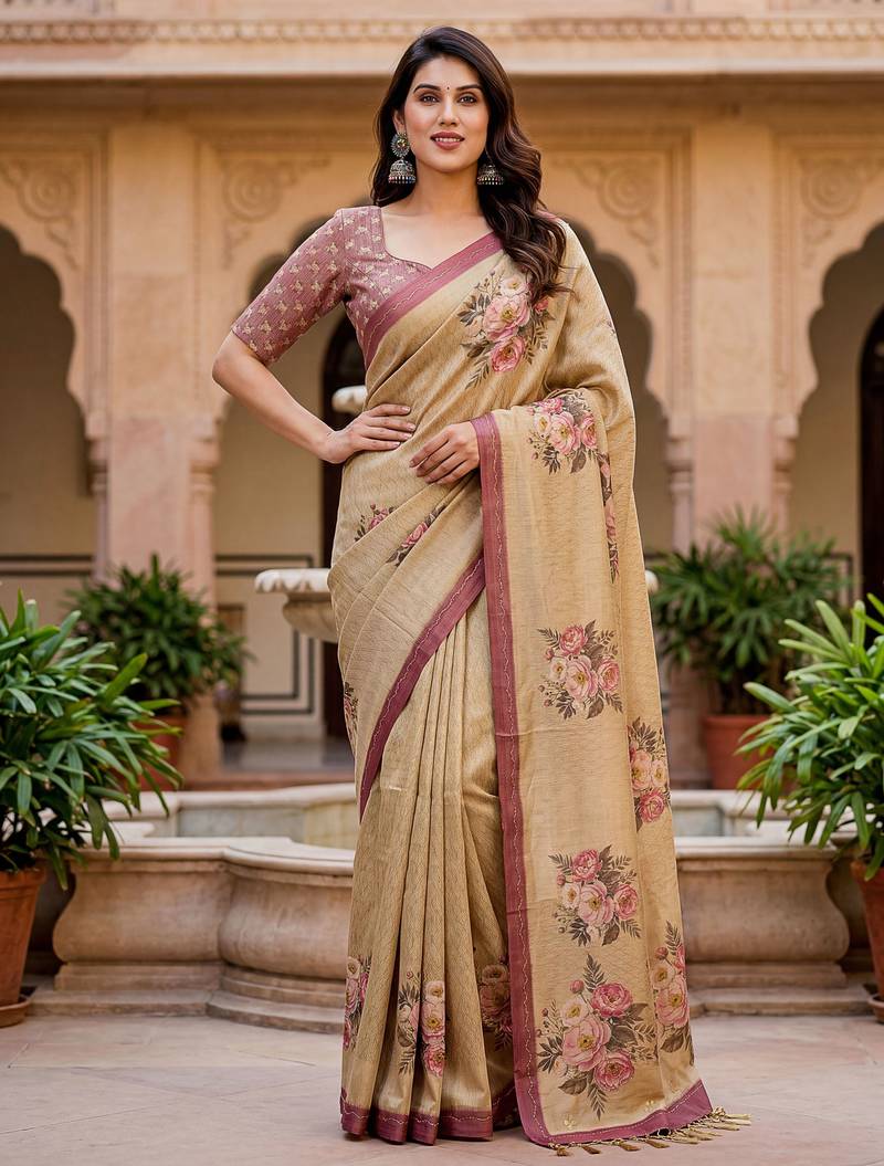 Beautiful beige color virana silk fabric elegant printed saree with dori work