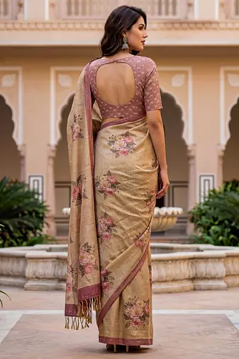  beige virana silk blend elegant printed saree with dori work