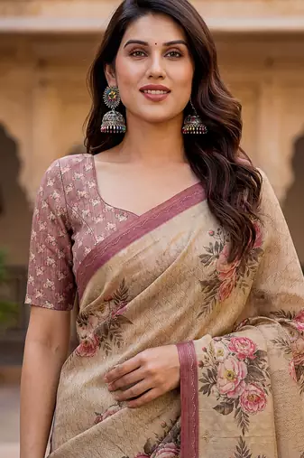  beige virana silk blend elegant printed saree with dori work