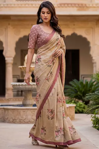  beige virana silk blend elegant printed saree with dori work