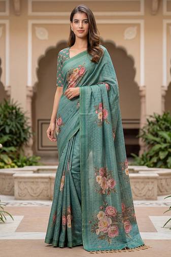 Beautiful green color virana silk fabric elegant printed saree with dori work