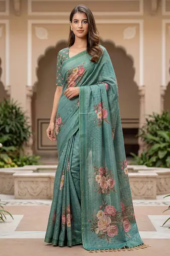 Beautiful green color virana silk fabric elegant printed saree with dori work
