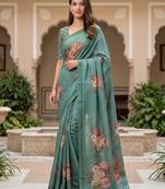 Beautiful green virana silk fabric elegant printed saree with dori work