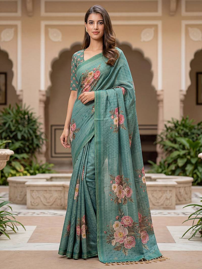 Beautiful green color virana silk fabric elegant printed saree with dori work
