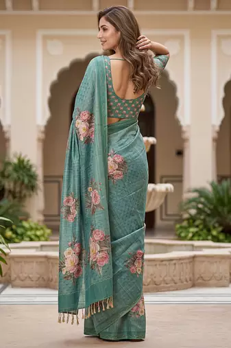  green virana silk blend elegant printed saree with dori work