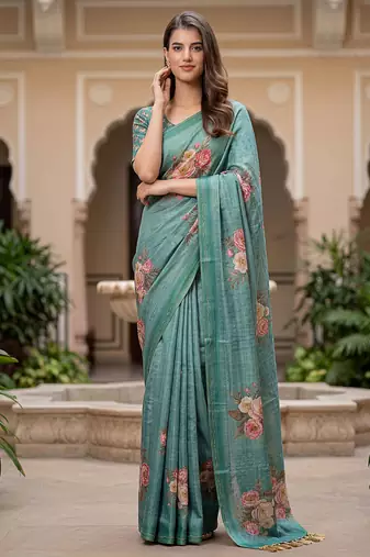  green virana silk blend elegant printed saree with dori work