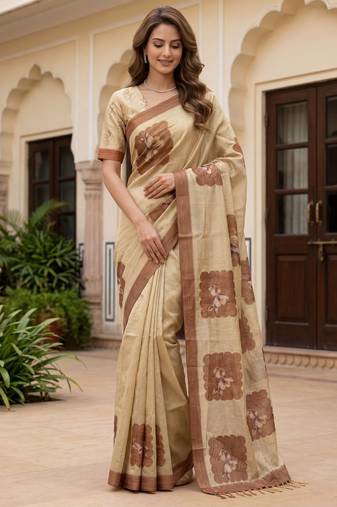 Beautiful chiku color virana silk fabric elegant printed saree with dori work
