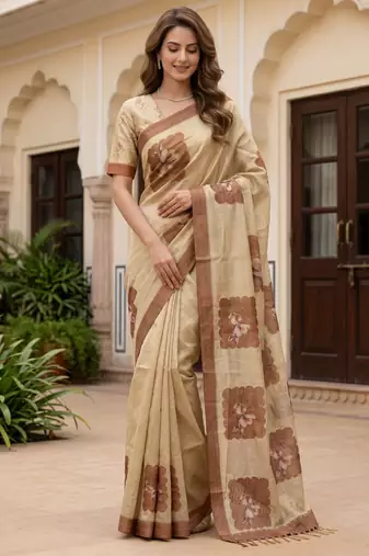 Beautiful chiku color virana silk fabric elegant printed saree with dori work