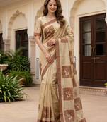 Beautiful chiku virana silk fabric elegant printed saree with dori work