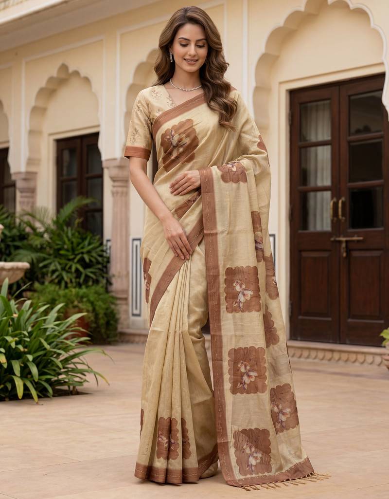 Beautiful chiku color virana silk fabric elegant printed saree with dori work