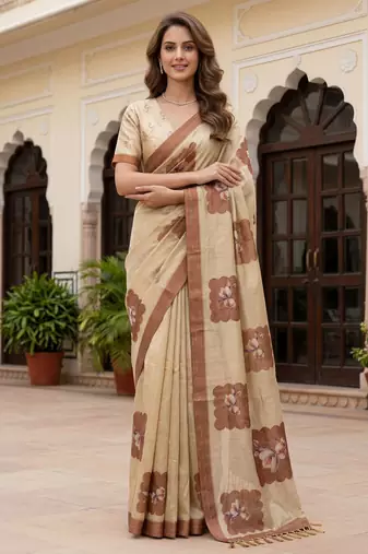  chiku virana silk blend elegant printed saree with dori work