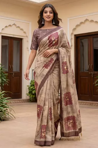 Beautiful chiku color virana silk fabric elegant printed saree with dori work