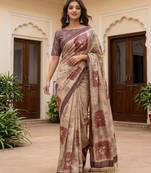 Beautiful chiku virana silk fabric elegant printed saree with dori work