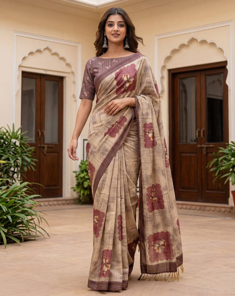 Beautiful chiku color virana silk fabric elegant printed saree with dori work